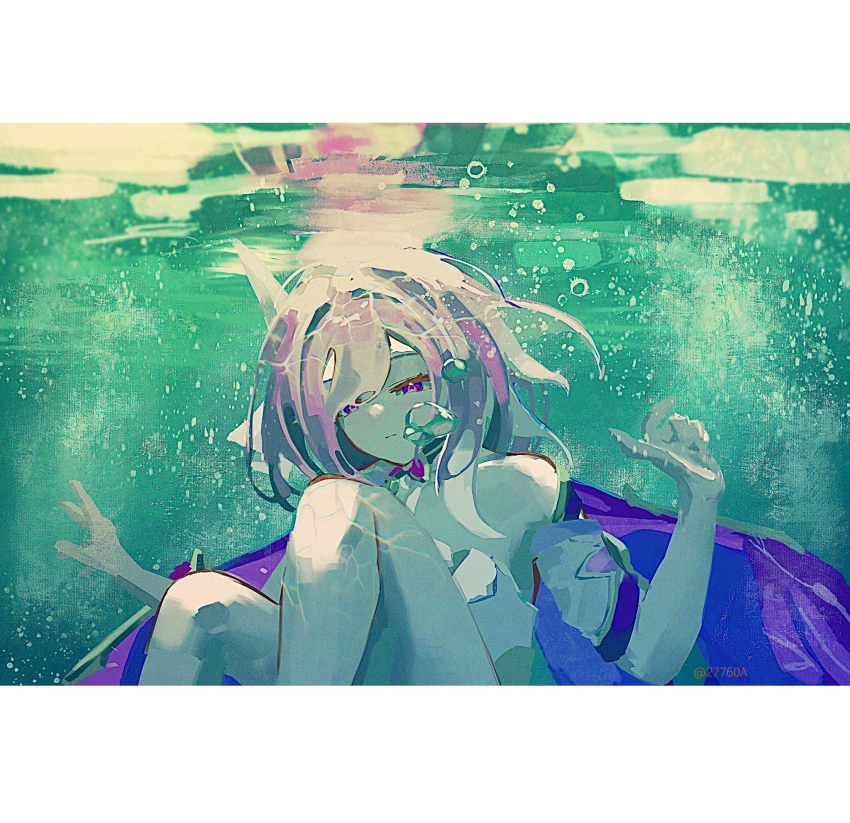 1girl bare_legs blurry bubble cape chromatic_aberration closed_mouth detached_sleeves elysia_(honkai_impact) hair_between_eyes highres honkai_(series) honkai_impact_3rd long_hair medamayaki27760 purple_cape purple_eyes purple_hair shirt sidelocks underwater white_shirt