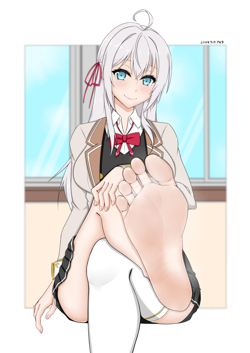 1girl absurdres akira87325 alisa_mikhailovna_kujou barefoot blue_eyes blush crossed_legs feet foot_focus highres long_hair looking_at_viewer seam single_thighhigh smile soles thighhighs toes tokidoki_bosotto_roshia-go_de_dereru_tonari_no_alya-san white_hair white_thighhighs