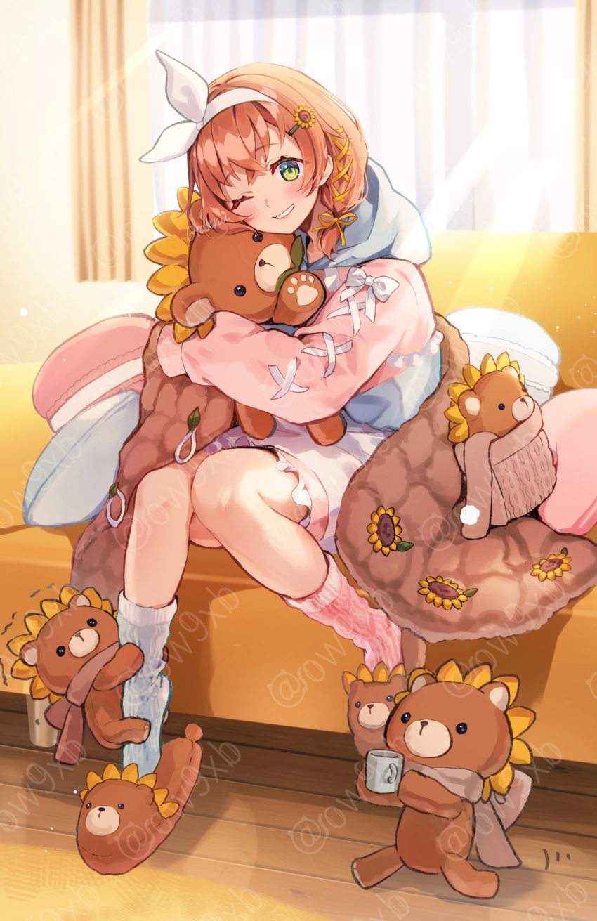 1girl animal_slippers asymmetrical_legwear blush brown_footwear brown_hair commentary_request couch cup curtains day flower green_eyes hair_flower hair_ornament hair_ribbon hairband hairclip head_tilt highres holding holding_cup honma_himawari honma_himawari_(10th_costume) hood hood_down hoodie indoors long_sleeves looking_at_viewer mismatched_legwear motion_lines mug nijisanji on_couch one_eye_closed otoufu_(gotouhu) pink_hoodie pink_socks puffy_long_sleeves puffy_sleeves ribbon running sitting sleeves_past_fingers sleeves_past_wrists slippers smile socks solo stuffed_animal stuffed_lion stuffed_toy sunflower sunflower_hair_ornament sunlight virtual_youtuber watermark white_hairband white_ribbon white_socks window wooden_floor yellow_flower yellow_ribbon