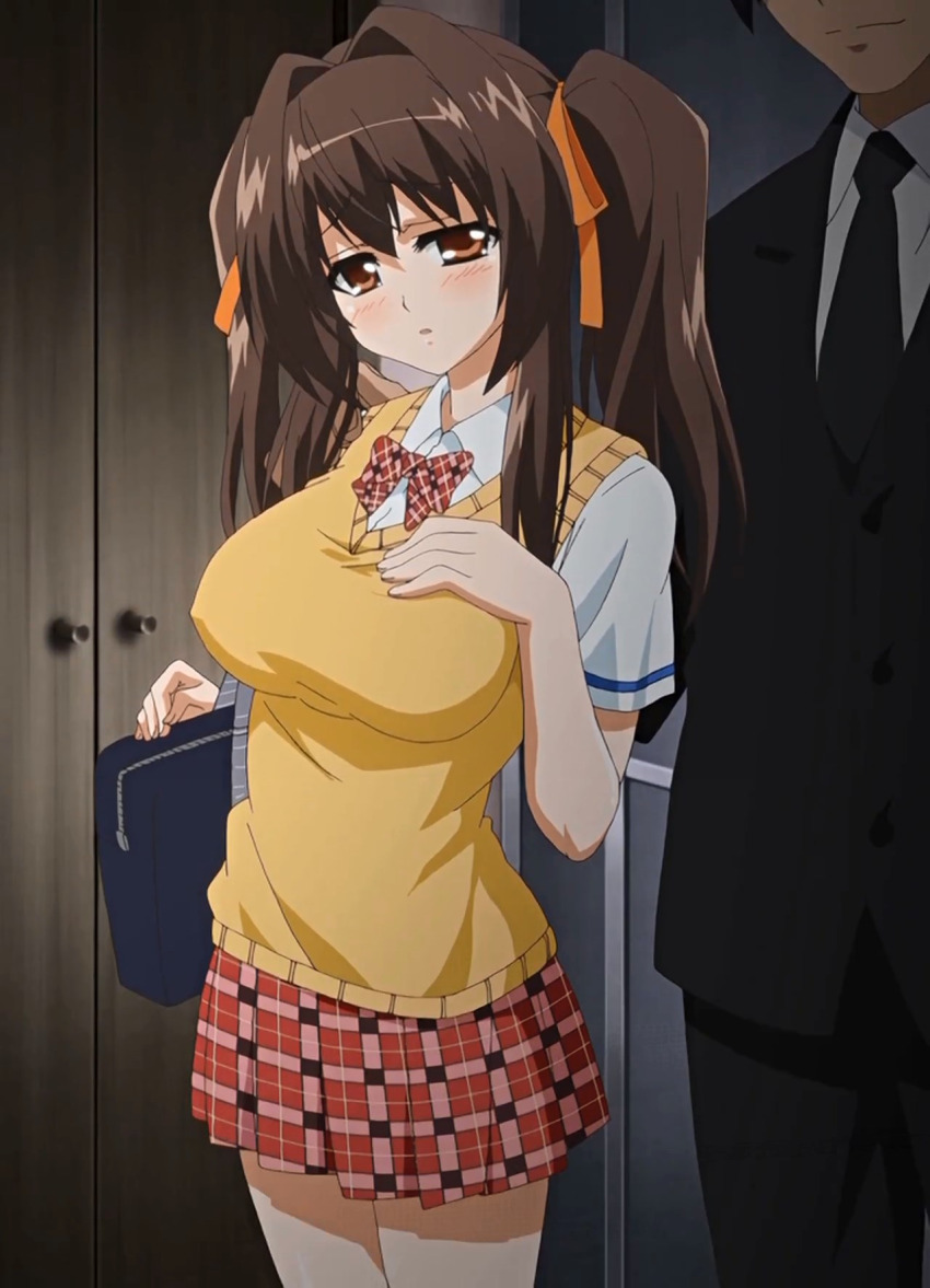 1boy 1girl anime_screenshot blush bow breasts brown_eyes brown_hair full_body hair_bow hair_bun hair_ornament hayakawa_mina hetero ikenai_koto_the_animation large_breasts long_hair looking_at_viewer open_mouth school_uniform serafuku skirt stitched third-party_edit twintails