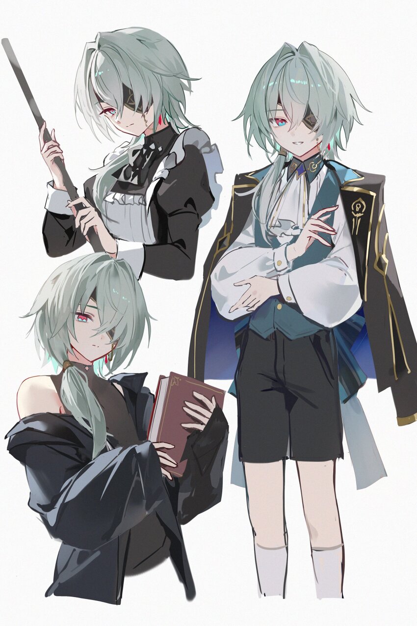 0jae 1boy absurdres anaxa_(honkai:_star_rail) apron ascot black_dress black_jacket black_shirt black_shorts book broom collared_shirt crossdressing crystal_earrings dress earrings eyepatch gold_trim green_eyes green_hair green_vest highres holding holding_book holding_broom honkai:_star_rail honkai_(series) jacket jewelry long_hair long_sleeves low_ponytail maid maid_apron male_focus male_maid multicolored_eyes multiple_views pink_eyes ponytail puffy_long_sleeves puffy_sleeves shirt short_shorts shorts sleeveless sleeveless_turtleneck socks turtleneck vest white_ascot white_background white_shirt white_socks