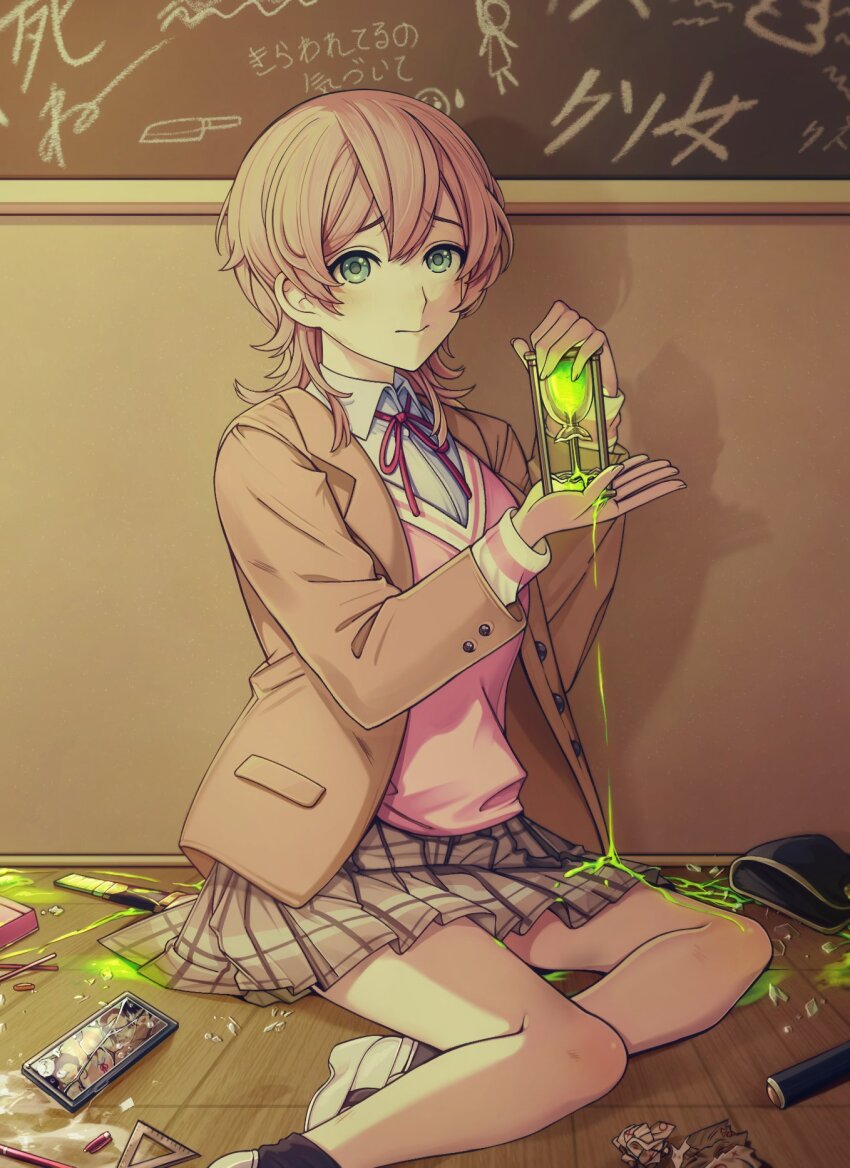 1girl ambiguous_green_liquid blazer blonde_hair boxcutter broken_hourglass chopsticks cracked_phone crumpled_paper double-parted_bangs dress_shirt glass_shards green_eyes highres hodonaruru holding_hourglass hourglass jacket knife kusunoki_muu long_sleeves looking_at_viewer medium_hair milgram neck_ribbon on_floor open_clothes open_jacket pink_shirt ribbon school_uniform shirt solo white_shirt wolf_cut worried