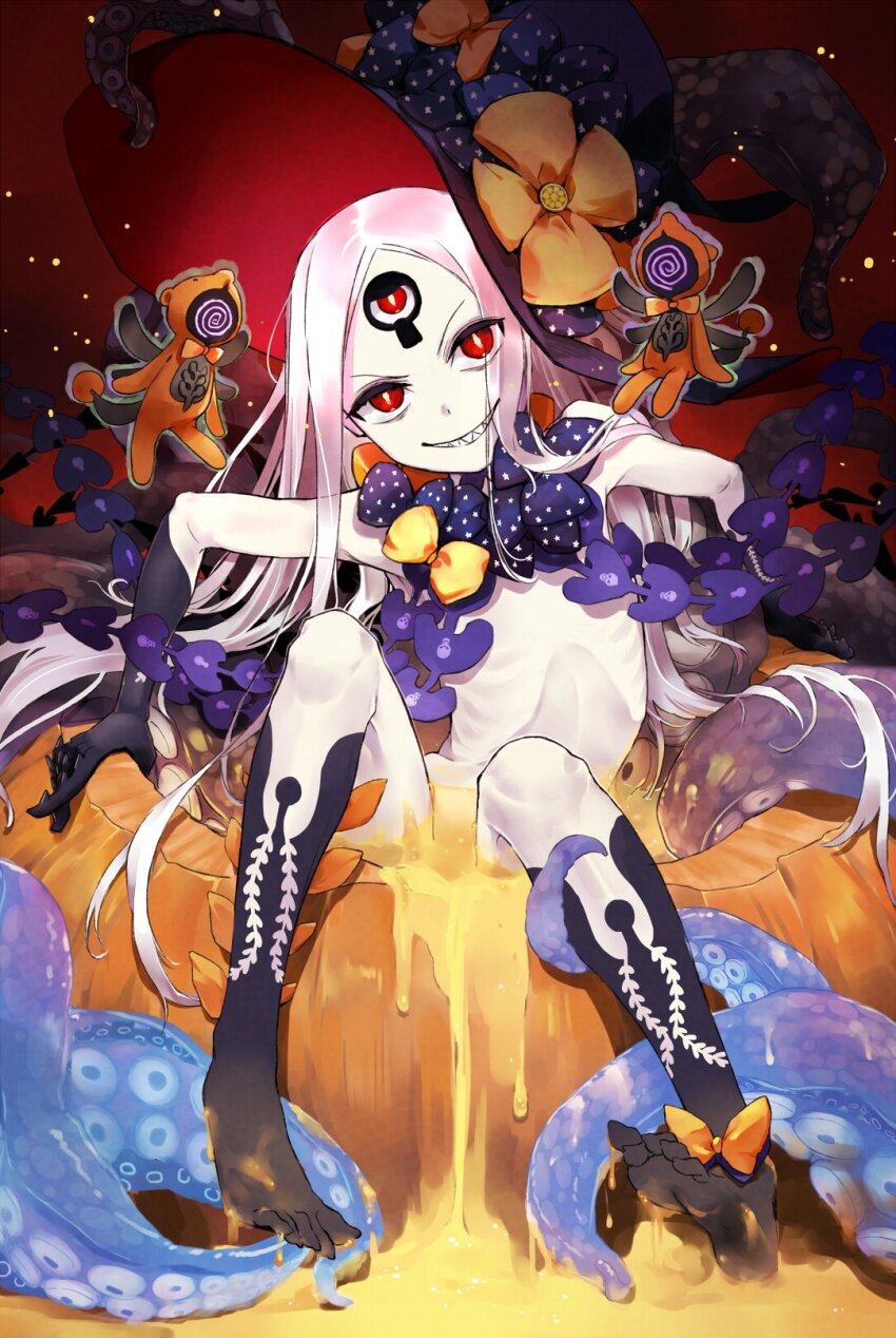 1girl abigail_williams_(fate) abigail_williams_(third_ascension)_(fate) barefoot black_bow bow bright_pupils colored_skin familiar fate/grand_order fate_(series) flat_chest grin halloween hat highres keyhole long_hair looking_at_viewer pumpkin red_eyes revealing_clothes ribs rori_chuushin sharp_teeth skinny smile solo stuffed_animal stuffed_toy teddy_bear teeth tentacles third_eye very_long_hair white_hair white_pupils white_skin witch_hat