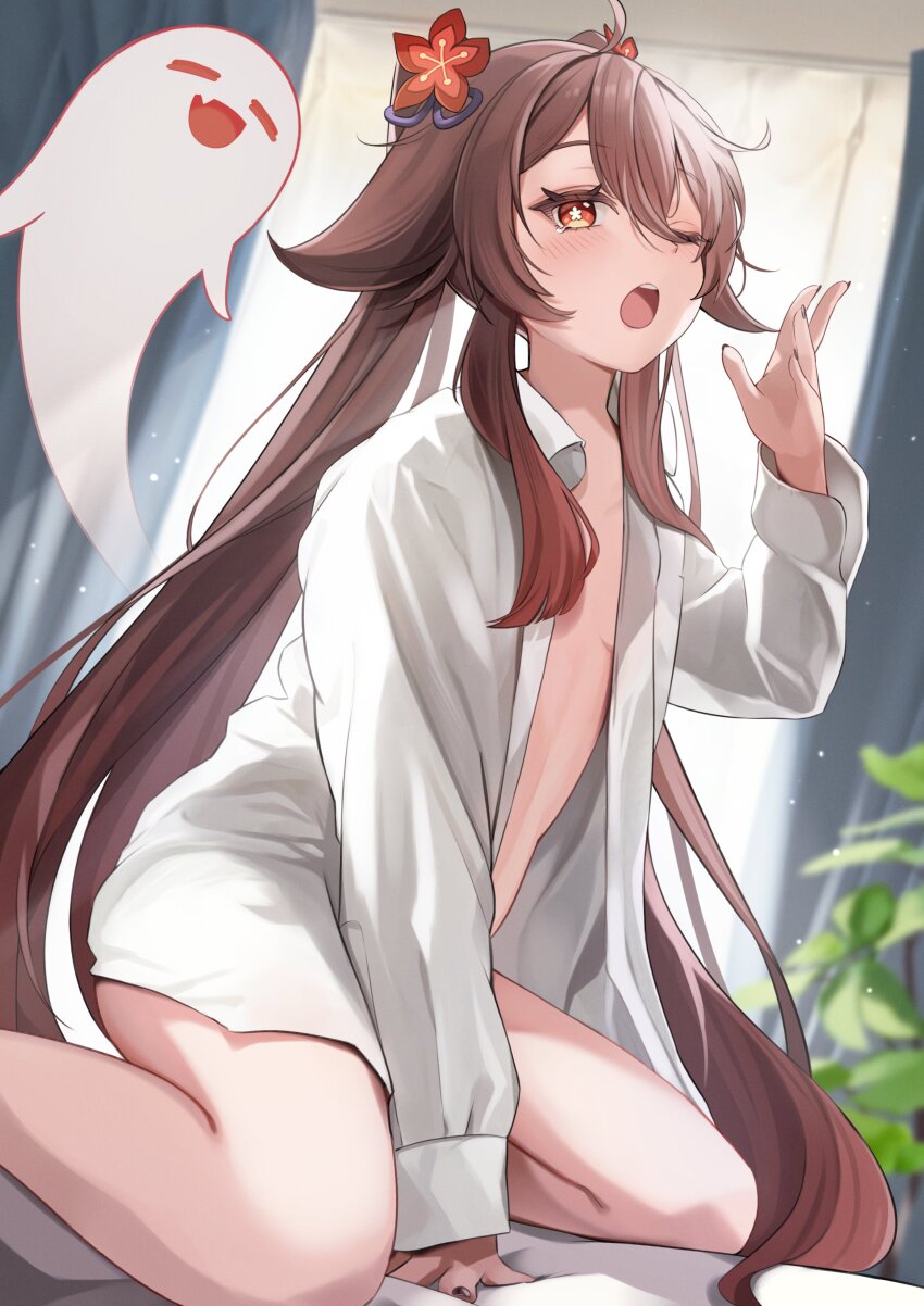 1girl absurdres boo_tao_(genshin_impact) brown_eyes brown_hair commentary_request dutch_angle flat_chest flower-shaped_pupils genshin_impact highres hu_tao_(genshin_impact) indoors long_hair long_sleeves one_eye_closed open_clothes open_mouth open_shirt shirt solo symbol-shaped_pupils twintails very_long_hair white_shirt yawning yutoriko_(candy0905)