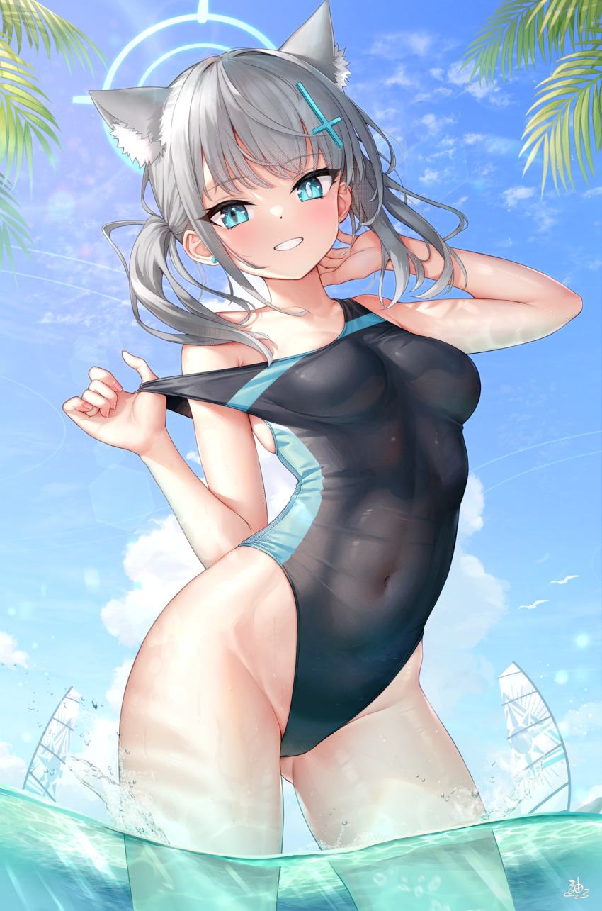 1girl animal_ear_fluff animal_ears blue_archive blue_halo blue_sky breasts bright_pupils cloud competition_swimsuit covered_navel day gluteal_fold grey_hair halo highleg highleg_one-piece_swimsuit highres kep_(ahokep) medium_breasts mismatched_pupils ocean one-piece_swimsuit outdoors partially_submerged shiroko_(blue_archive) shiroko_(swimsuit)_(blue_archive) short_hair sky smile solo swimsuit thighs twintails wet white_pupils