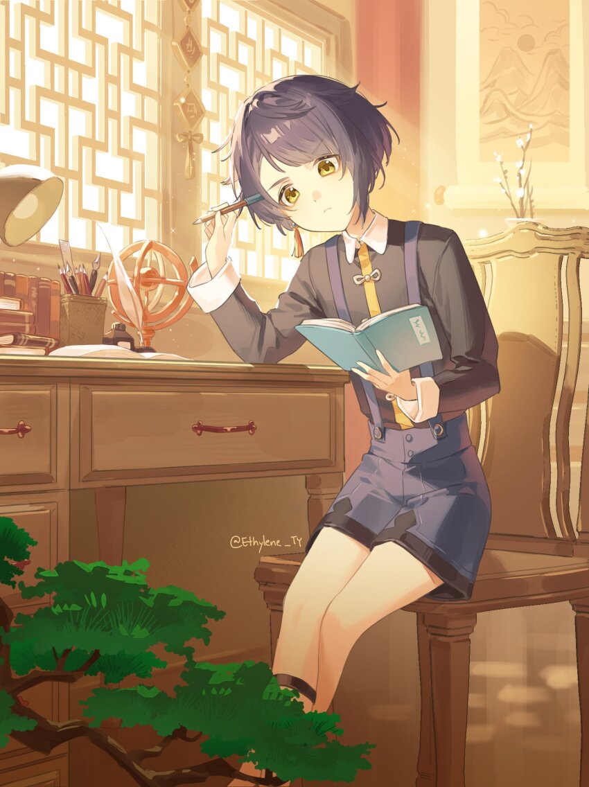 1boy alternate_costume black_hair black_shirt blue_hair bonsai book book_stack bookshelf chair chinese_clothes ethylene_ty genshin_impact highres holding holding_book indoors long_sleeves looking_at_viewer open_book plant potted_plant reading shelf shirt short_hair shorts sitting skirt solo suspenders table thighs window xingqiu_(genshin_impact) yellow_eyes