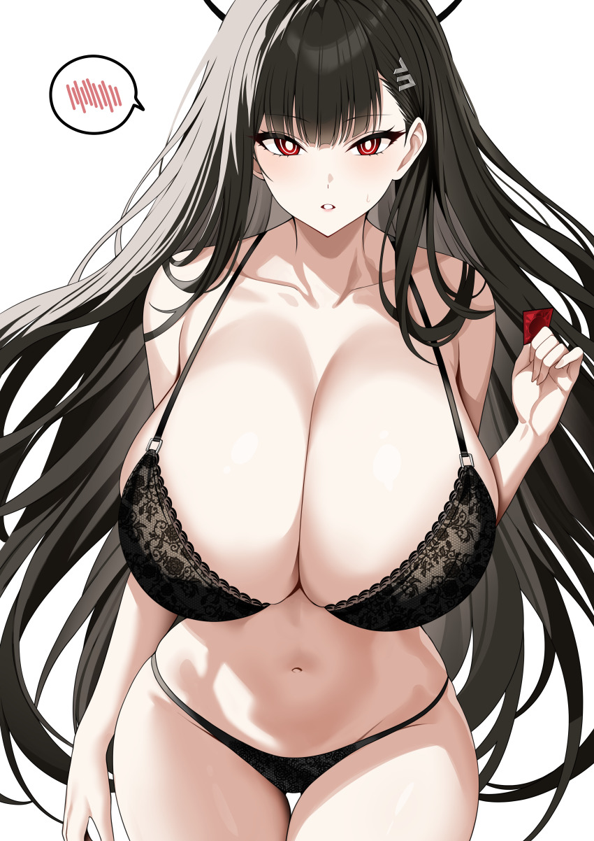 1girl absurdres bare_shoulders black_bra black_hair black_panties blue_archive bra breasts cleavage condom condom_wrapper hair_ornament hairclip halo highres holding holding_condom huge_breasts long_hair looking_at_viewer midriff navel panties parted_lips red_eyes rio_(blue_archive) simple_background solo spoken_blush tewaki thighs underwear underwear_only very_long_hair white_background