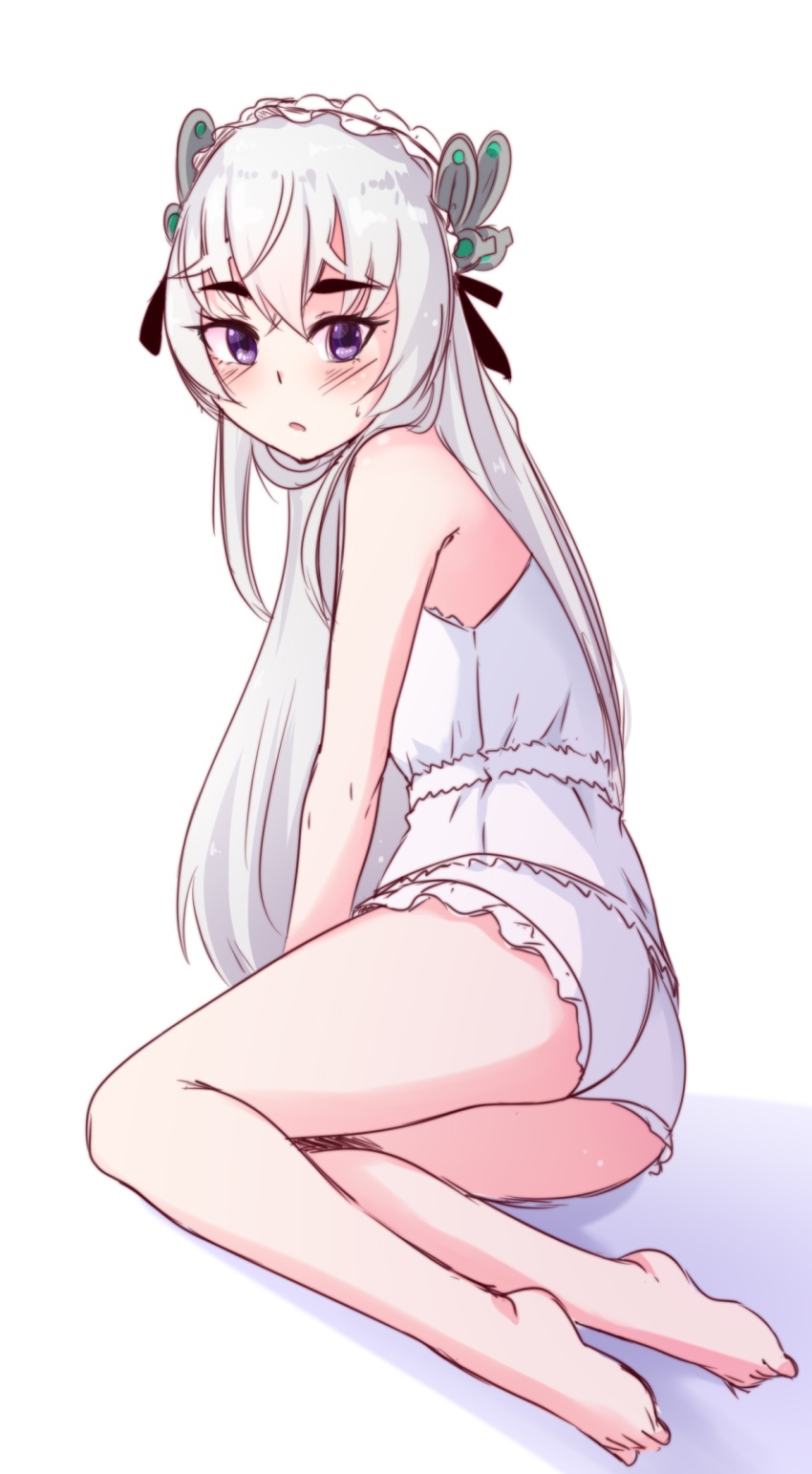 1girl ass barefoot blush chaika_trabant circle deredereday female_focus highres hitsugi_no_chaika long_hair looking_at_viewer princess purple_eyes simple_background sitting sketch solo underwear white_background white_hair