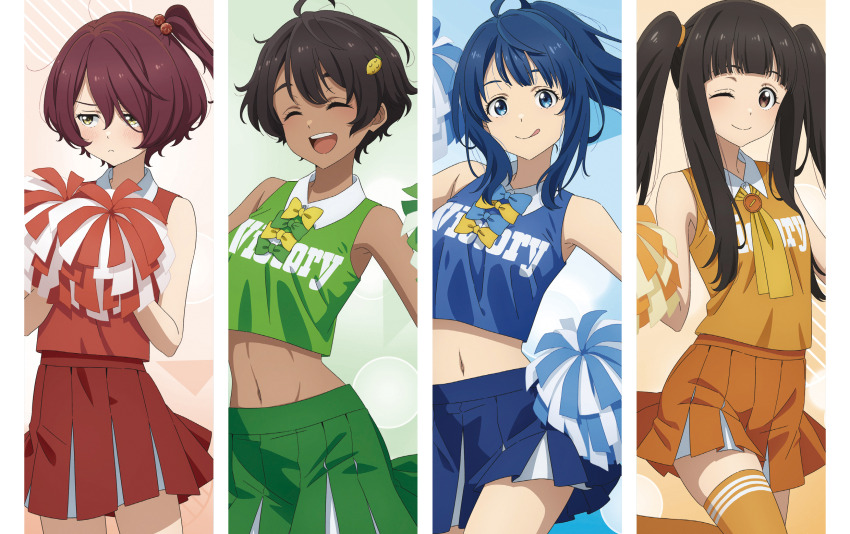 4girls :q ;) ahoge averting_eyes black_hair blue_bow blue_bowtie blue_eyes blue_hair blue_shirt blue_skirt bow bowtie brown_eyes brown_hair cheerleader closed_eyes food-themed_hair_ornament fruit_hair_ornament green_bow green_bowtie green_shirt green_skirt hair_ornament highres holding holding_pom_poms komari_chika leg_up long_hair looking_at_viewer make_heroine_ga_oo_sugiru! medium_hair midriff miniskirt multiple_girls navel nukumizu_kaju official_art one_eye_closed one_side_up open_mouth orange_shirt orange_skirt orange_thighhighs pleated_skirt pom_pom_(cheerleading) pom_poms ponytail red_hair red_shirt red_skirt shirt short_hair skirt sleeveless sleeveless_shirt smile stomach tan thighhighs tongue tongue_out two_side_up yakishio_lemon yanami_anna yellow_bow yellow_bowtie yellow_eyes