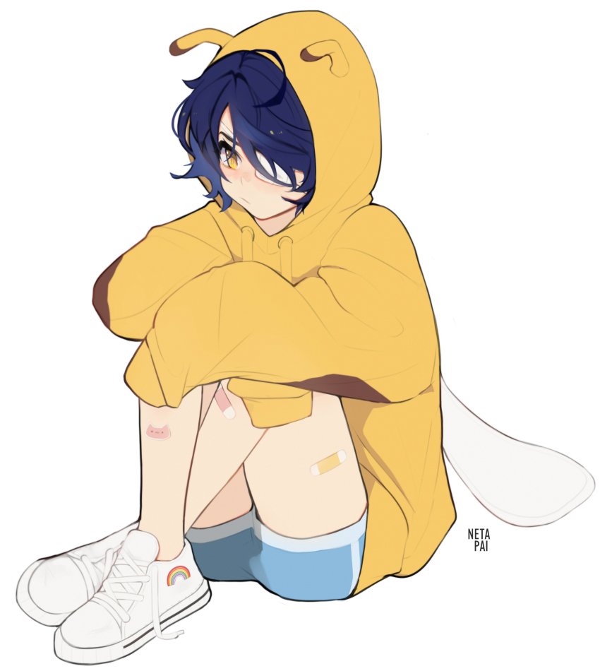 1girl absurdres baggy_clothes bandaid bandaid_on_leg bee_costume blue_hair blue_shorts cross-laced_footwear dark_blue_hair eyepatch full_body highres hood hood_up hoodie long_sleeves looking_to_the_side netapai1 ooto_ai rainbow short_hair short_shorts shorts simple_background sitting white_background white_footwear wonder_egg_priority yellow_eyes yellow_hoodie