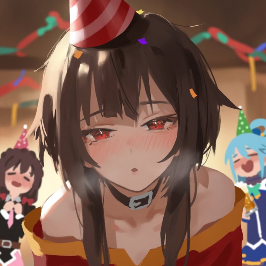 3girls =_= alcohol aqua_(konosuba) aqua_hair aroused aruhshura bare_shoulders beer beer_mug black_choker black_dress blue_shirt blue_skirt blurry blurry_background blush bow bowtie braid breath brown_hair choker collarbone commentary confetti crown_braid cup dress drink drunk english_commentary eyelashes green_bow green_bowtie hair_bow hair_ornament hair_over_shoulder hair_ribbon hair_rings hands_on_own_chest hat highres holding holding_cup holding_drink imminent_kiss incoming_kiss indoors kono_subarashii_sekai_ni_shukufuku_wo! leaning_forward long_hair loose_hair_strand megumin mug multiple_girls narrowed_eyes necktie nose_blush off-shoulder_dress off_shoulder open_mouth own_hands_together parted_lips party party_hat pink_necktie pleated_skirt polka_dot_headwear pursed_lips red_bow red_dress red_eyes red_ribbon ribbon shirt short_hair short_hair_with_long_locks sidelocks skirt smile solo_focus streamers striped_clothes striped_headwear w_arms yellow_trim yunyun_(konosuba)