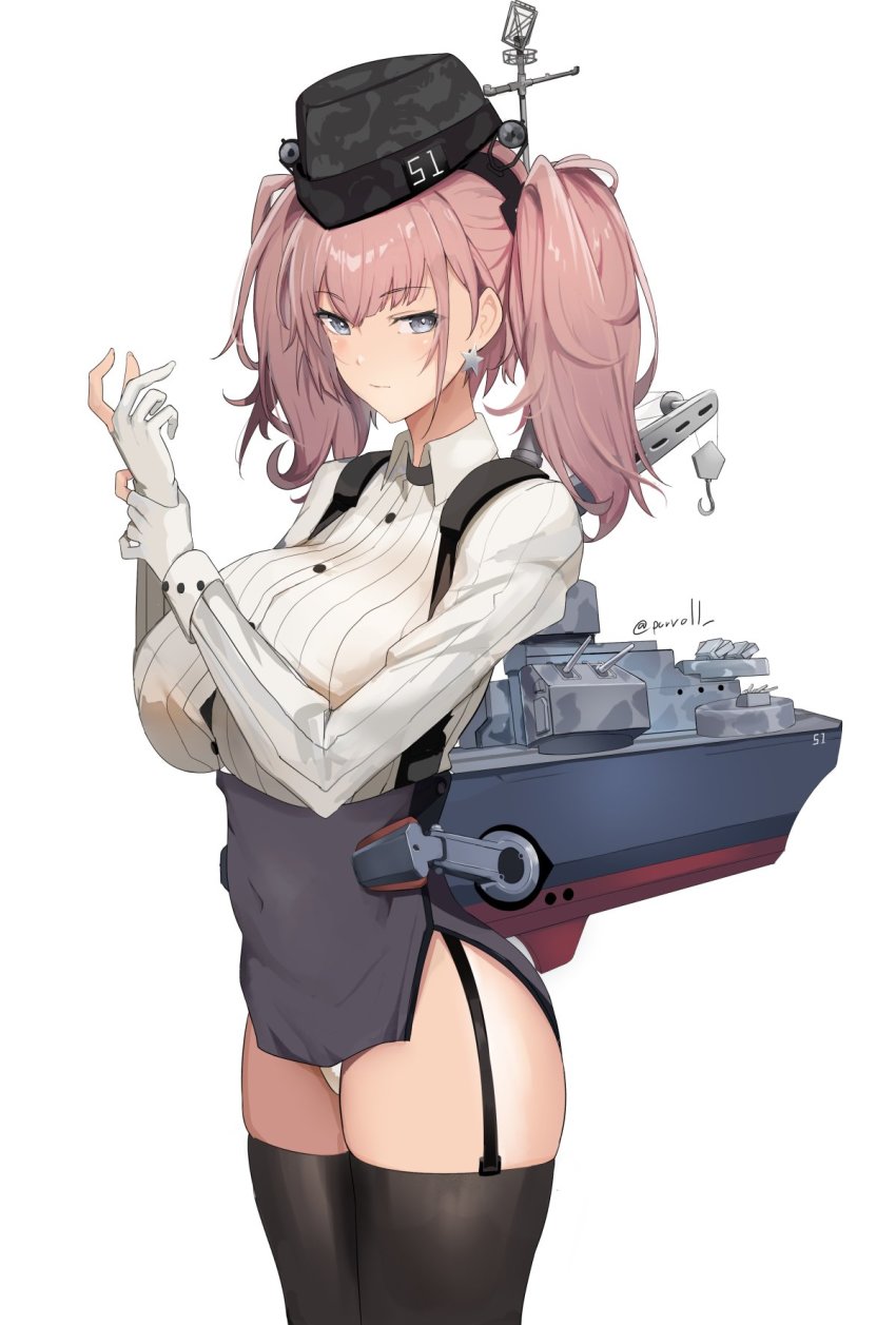 1girl atlanta_(kancolle) black_skirt blue_eyes blush breasts brown_hair collared_shirt garter_straps gloves highres huge_breasts kantai_collection long_hair long_sleeves looking_at_viewer porroll ribbed_shirt rigging ship_turret shirt simple_background skirt smile solo thighhighs white_background white_gloves