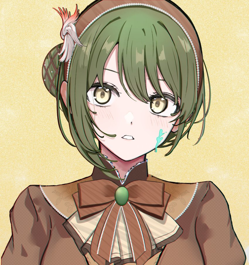 1girl absurdres ascot asymmetrical_sidelocks bow brown_ascot brown_bow brown_dress brown_eyes brown_headwear collar dress frilled_collar frills green_hair hair_bun head_tilt highres idolmaster idolmaster_shiny_colors jewelry light_blush looking_at_viewer nanakusa_nichika paint_splatter parted_lips pendant portrait puffy_sleeves short_hair single_hair_bun solo suyaya_oyasumi swept_bangs wing_hair_ornament yellow_background