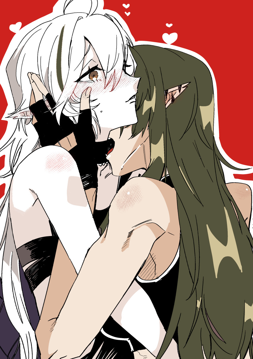 2girls absurdres arknights ban_syou bare_arms biting black_gloves black_sports_bra blush brown_eyes commentary ear_blush fang fingerless_gloves gavial_(arknights) gloves green_hair hand_on_another&#039;s_face hand_on_another&#039;s_neck heart highres long_hair multicolored_hair multiple_girls neck_biting outline parted_lips pointy_ears red_background simple_background sports_bra streaked_hair tomimi_(arknights) tongue upper_body white_hair white_outline yuri