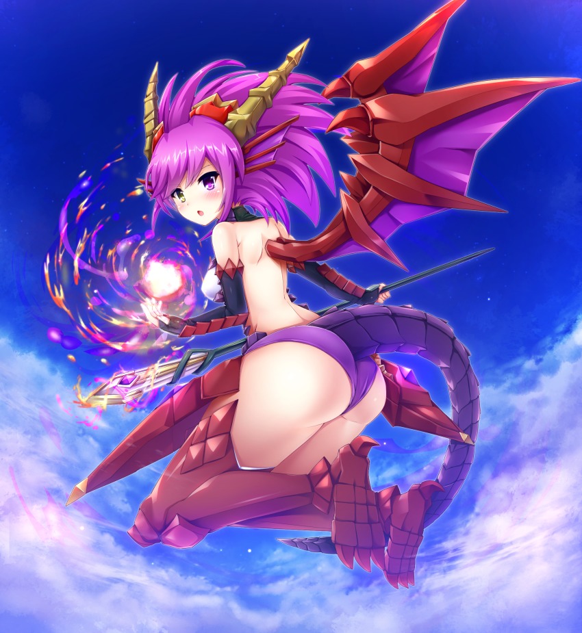 1girl :o ass back blue_sky blush boots breasts cloud day dragon_horns dragon_tail eyebrows female_focus fingerless_gloves fins flying from_behind full_body gloves glowing head_fins heterochromia highres holding holding_weapon horns long_hair looking_at_viewer looking_back ouya_(maboroshimori) panties purple_eyes purple_hair purple_panties puzzle_&amp;_dragons red_footwear samoore sky small_breasts solo sonia_(p&amp;d) tail thighhighs underwear weapon wings yellow_eyes