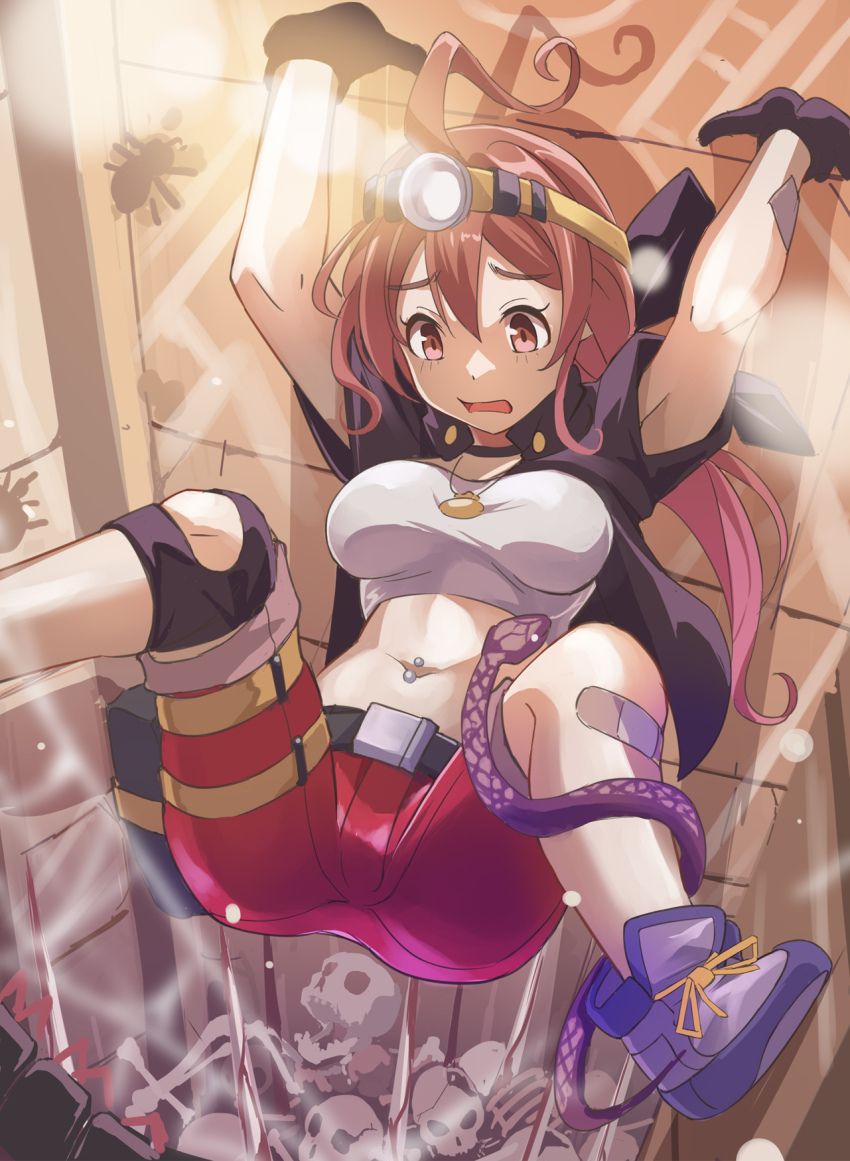 1girl ahoge bandaid bandaid_on_knee bandaid_on_leg belt black_gloves booby_trap breasts bug commentary_request commission cropped_jacket gloves gradient_hair headlamp highres jacket knee_brace long_hair medium_breasts midriff multicolored_hair navel navel_piercing nikulas_cage open_clothes open_jacket open_mouth original partial_commentary piercing pink_hair pixiv_commission red_eyes red_hair red_shorts shorts skeleton skull snake spider spikes spread_legs strapless stuck trapped tube_top wavy_mouth