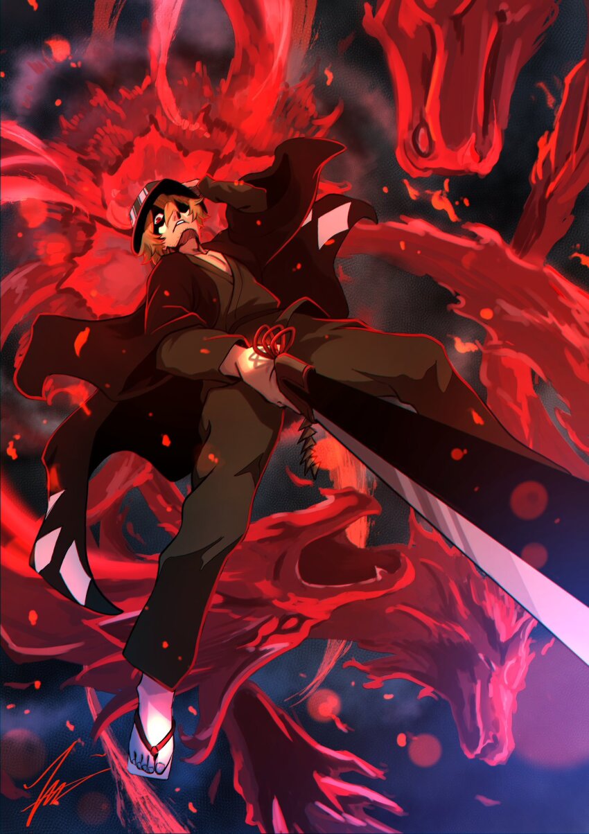 1boy barefoot benihime_(shikai) bleach blonde_hair bucket_hat casting_spell commentary_request facial_hair fighting_stance floating_clothes foreshortening full_body green_pants hand_on_headwear hand_up hat highres holding holding_sword holding_weapon isana! japanese_clothes katana long_sleeves looking_at_viewer male_focus midair pants parted_lips red_eyes sandals serious shaded_face short_hair solo striped_clothes striped_headwear stubble sword urahara_kisuke weapon zanpakutou