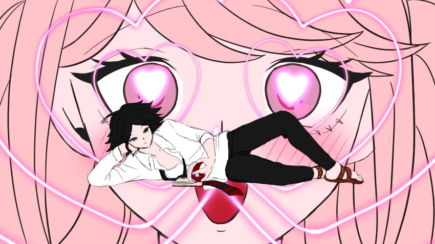 1boy 1girl :d black_hair black_pants blush book danganronpa danganronpa/zero danganronpa:_trigger_happy_havoc danganronpa_(series) enoshima_junko full_body happy heart heart-shaped_pupils highres long_sleeves lying matsuda_yasuke mozuku_(iiiiiiimomo) on_side open_book open_mouth pants parted_bangs reading sandals shirt shoes smile symbol-shaped_pupils white_shirt