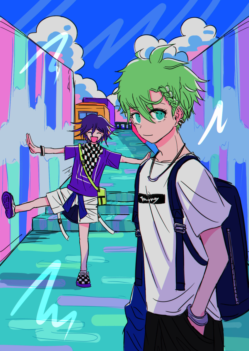 2boys alternate_costume amami_rantaro antenna_hair backpack bag blue_sky braid braided_bangs checkered_clothes checkered_scarf closed_eyes cloud danganronpa_(series) danganronpa_v3:_killing_harmony ear_piercing earrings eyelashes flipped_hair green_eyes green_hair hair_between_eyes hand_in_pocket happy highres jewelry long_sleeves looking_at_viewer male_focus multiple_boys necklace neri_ume oma_kokichi open_mouth outdoors piercing purple_hair ringed_eyes scarf shirt short_hair shorts sky smile standing standing_on_one_leg t-shirt two-tone_scarf white_shorts