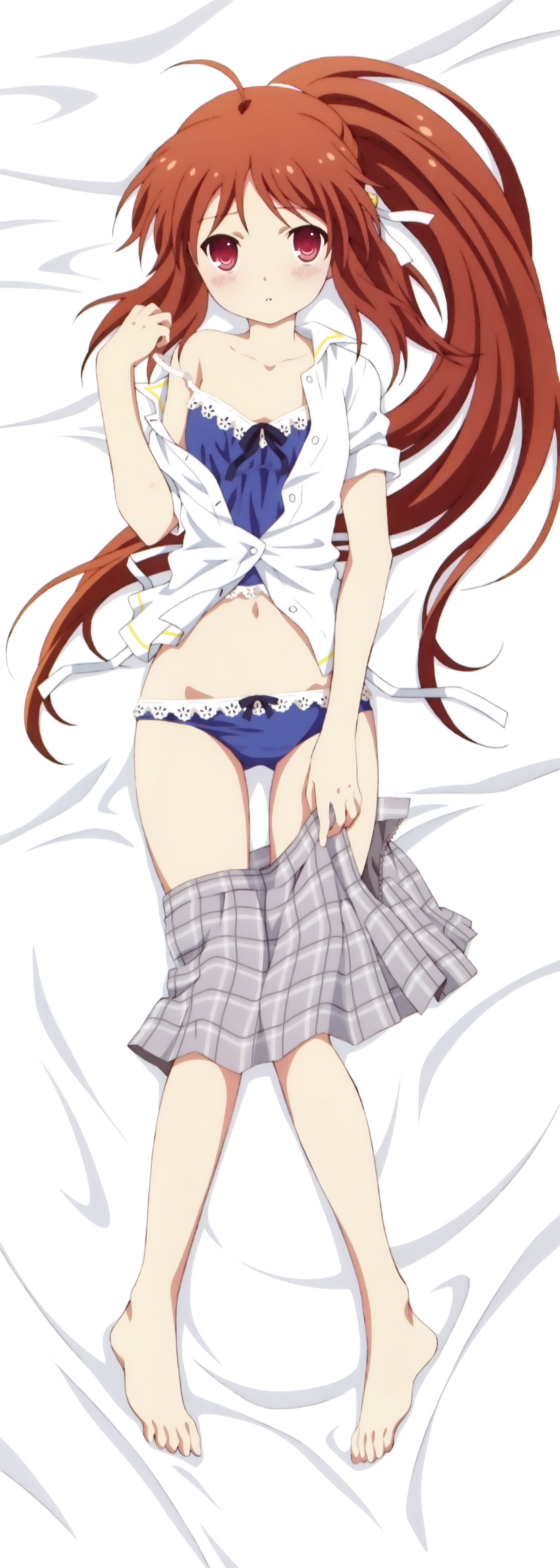 1girl absurdres bare_shoulders barefoot blue_panties blush bow bow_panties brown_hair camisole clothes_pull collarbone dakimakura_(medium) feet female_focus highres little_busters! long_hair looking_at_viewer lying natsume_rin navel off_shoulder official_art on_back open_clothes open_shirt panties parted_lips plaid_clothes plaid_skirt pleated_skirt ponytail red_eyes scan shirt skirt skirt_pull solo strap_slip toes underwear very_long_hair