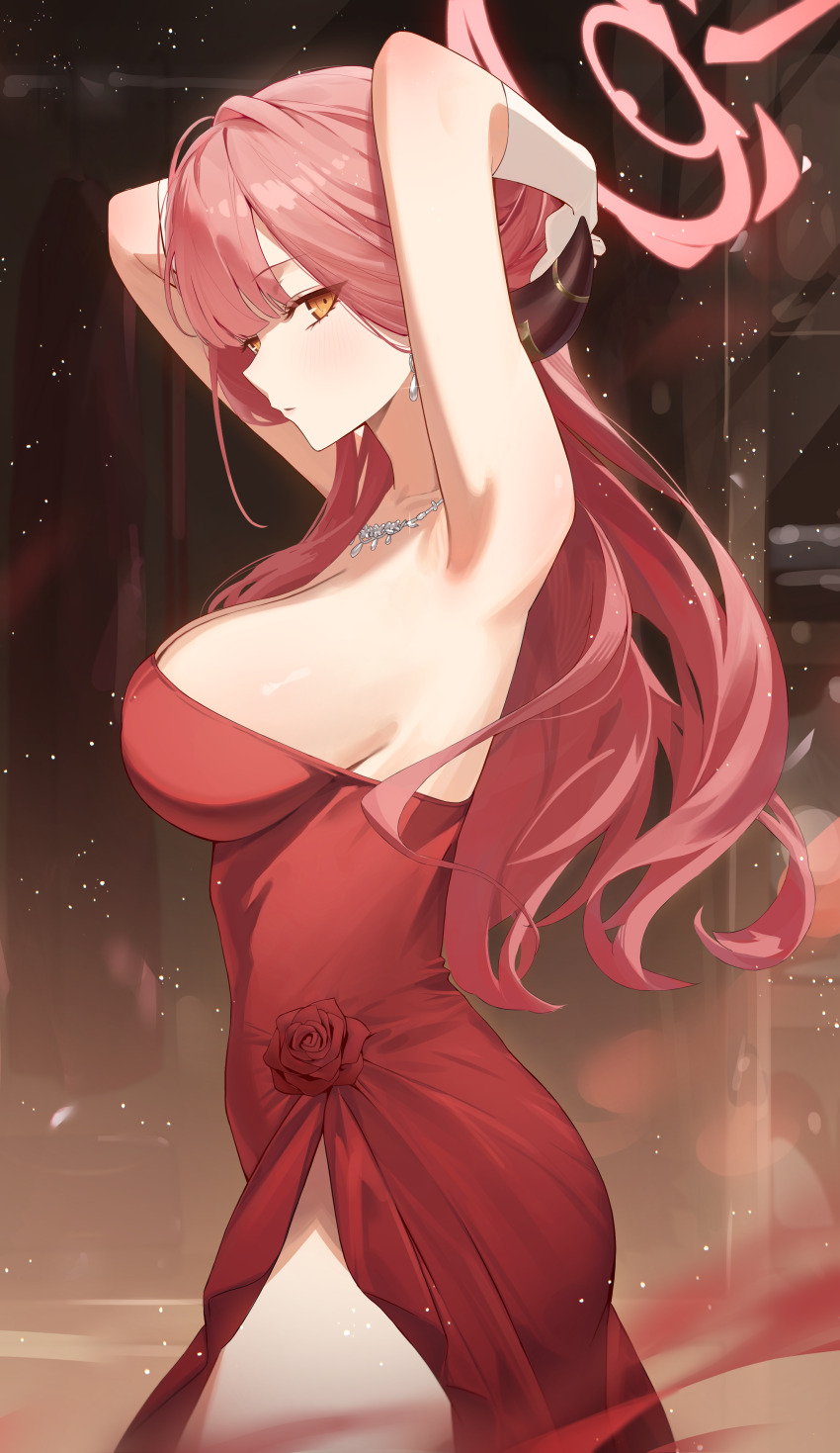 1girl absurdres armpits arms_up aru_(blue_archive) aru_(dress)_(blue_archive) bare_shoulders blue_archive breasts cleavage commentary_request demon_girl demon_horns dress dress_flower dust_(mth) evening_gown flower halo highres horns jewelry large_breasts light_particles long_hair looking_at_viewer necklace orange_eyes pink_halo red_dress red_flower red_hair red_rose rose side_slit sideboob sideways_glance skindentation solo strapless strapless_dress