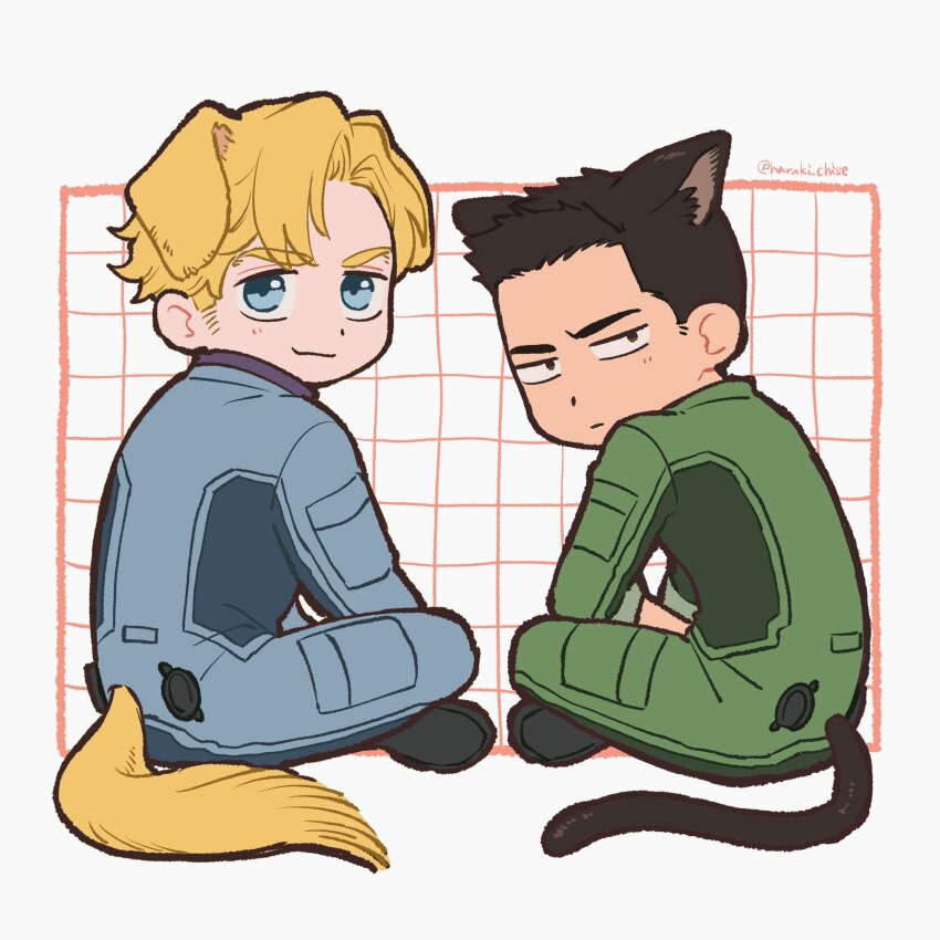 2boys absurdres animal_ears ao_isami black_hair blonde_hair blue_eyes blue_jumpsuit cat_boy cat_ears cat_tail couple dog_boy dog_ears dog_tail facial_hair from_behind green_jumpsuit grid_background haruki_chise highres indian_style jumpsuit kemonomimi_mode lewis_smith looking_at_viewer looking_back male_focus multiple_boys short_hair sideburns_stubble sitting stubble tail twitter_username yaoi yuuki_bakuhatsu_bang_bravern