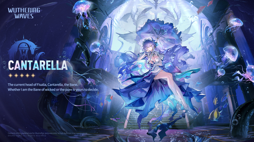 1girl breasts cantarella_(wuthering_waves) cleavage commentary dress english_commentary english_text fish full_body hair_spread_out headdress high_heels highres holding holding_umbrella jellyfish large_breasts logo long_hair official_art parasol purple_hair purple_theme purple_umbrella shoes solo umbrella underwater very_long_hair white_dress white_shoes wuthering_waves