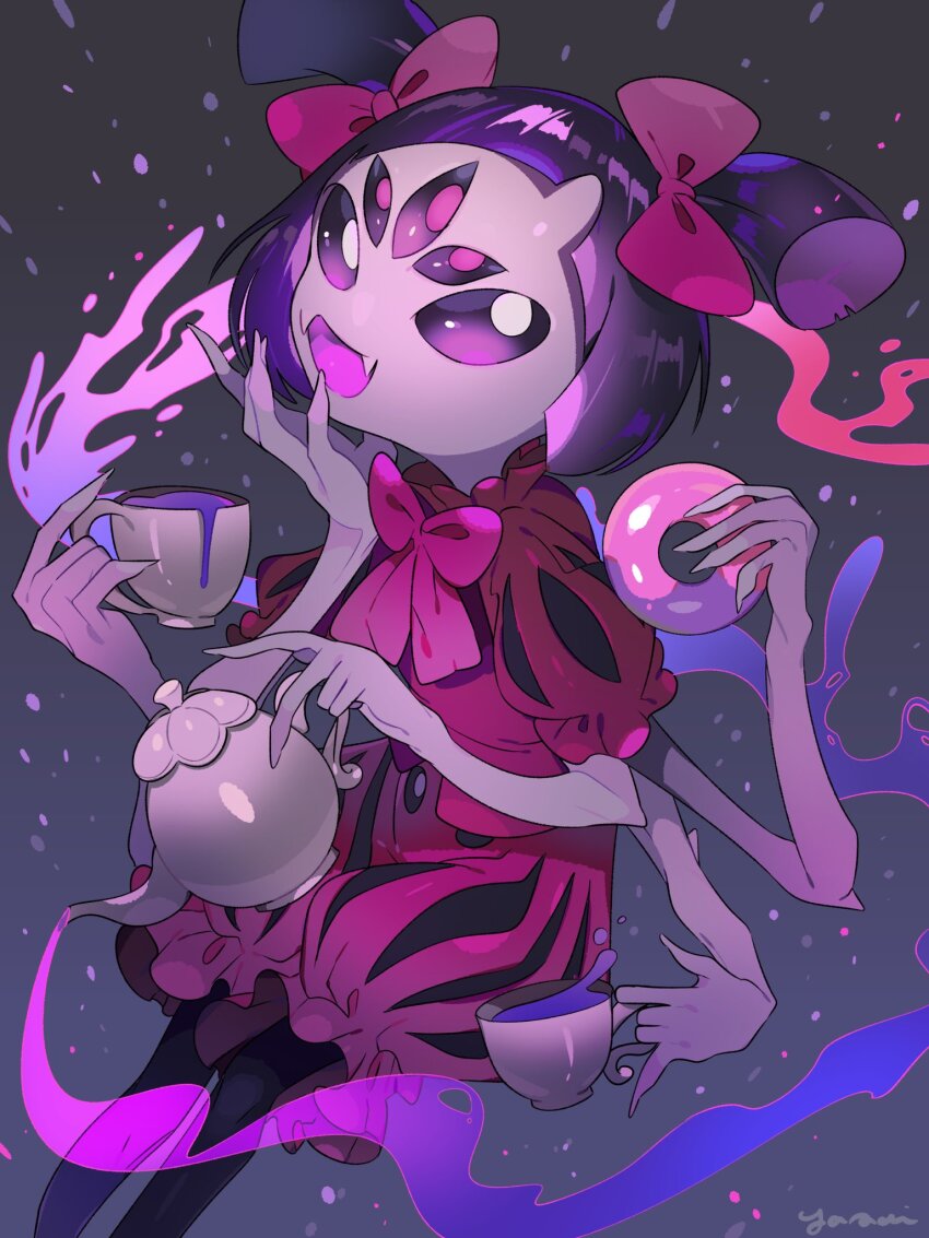 1girl black_hair black_pantyhose bow cup doughnut extra_eyes fang food highres holding holding_cup holding_doughnut holding_food holding_teapot muffet open_mouth pantyhose pink_bow puff_and_slash_sleeves puffy_sleeves shorts signature skin_fang solo teacup teapot twintails undertale yasaikakiage