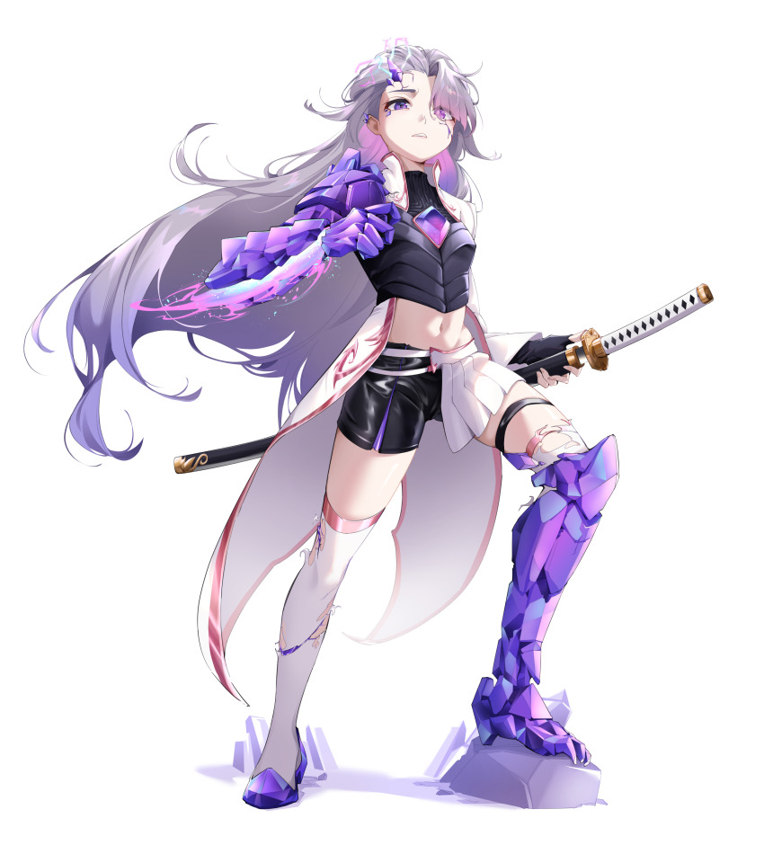 1girl absurdres alternate_costume alternate_form alternate_hairstyle armor black_shorts chest_jewel coat coattails colored_inner_hair fighting_stance full_body grey_hair hair_over_one_eye half-skirt highres holding holding_sword holding_weapon hololive hololive_english horns jewel_under_eye katana koseki_bijou long_hair material_growth miniskirt multicolored_hair navel ootoii parted_lips pleated_skirt purple_eyes ready_to_draw sheath sheathed short_shorts shorts simple_background single_horn skirt smile solo sword thigh_strap thighhighs torn_clothes torn_thighhighs virtual_youtuber weapon white_background white_coat white_skirt white_thighhighs