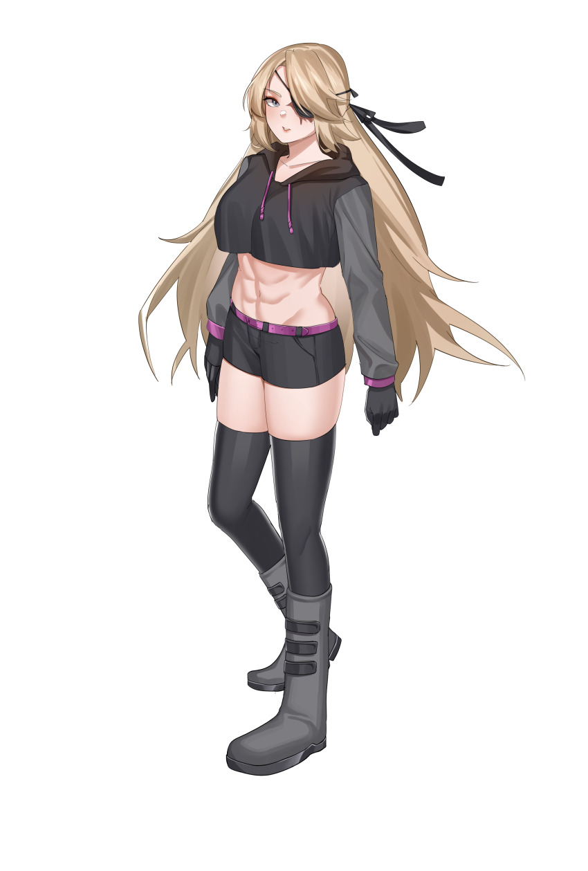 1girl abs absurdres belt black_footwear black_gloves black_hoodie blonde_hair blue_eyes boots breasts commission commissioner_upload crop_top eyepatch full_body gloves hair_over_one_eye hair_ribbon highres hood hood_down hoodie long_hair long_sleeves looking_at_viewer lydia_macarthur medium_breasts muscular muscular_female navel non-web_source original ribbon scar shorts thighhighs thighs yukiame13