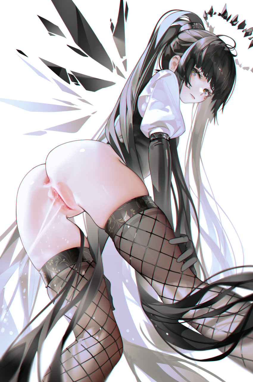 1girl alternate_hairstyle anus arknights ass black_gloves black_hair black_halo black_thighhighs black_wings blush bottomless censored commentary_request detached_wings elbow_gloves energy_wings excessive_pussy_juice fishnet_thighhighs fishnets from_behind from_below gloves grey_eyes halo highres iumu long_hair looking_at_viewer looking_back mixed-language_commentary mole mole_under_eye mosaic_censoring ponytail puffy_short_sleeves puffy_sleeves pussy pussy_juice short_sleeves simple_background skindentation solo thick_thighs thighhighs thighs very_long_hair virtuosa_(arknights) white_background wings
