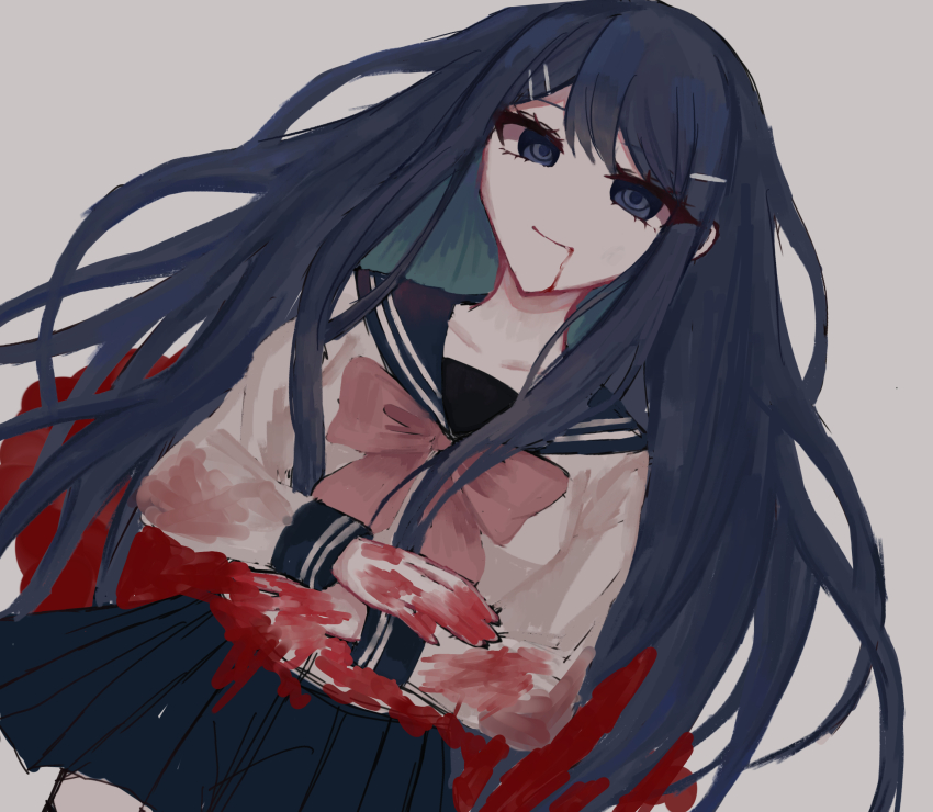 1girl absurdres black_hair black_sailor_collar black_skirt black_thighhighs bleeding blood blue_eyes bow bowtie closed_mouth danganronpa:_trigger_happy_havoc danganronpa_(series) empty_eyes grey_background grey_shirt highres long_hair long_sleeves lying maizono_sayaka miniskirt nene_(user_eapd8734) no_nose on_back pink_bow pink_bowtie pleated_skirt ringed_eyes sailor_collar shirt simple_background skirt solo thighhighs