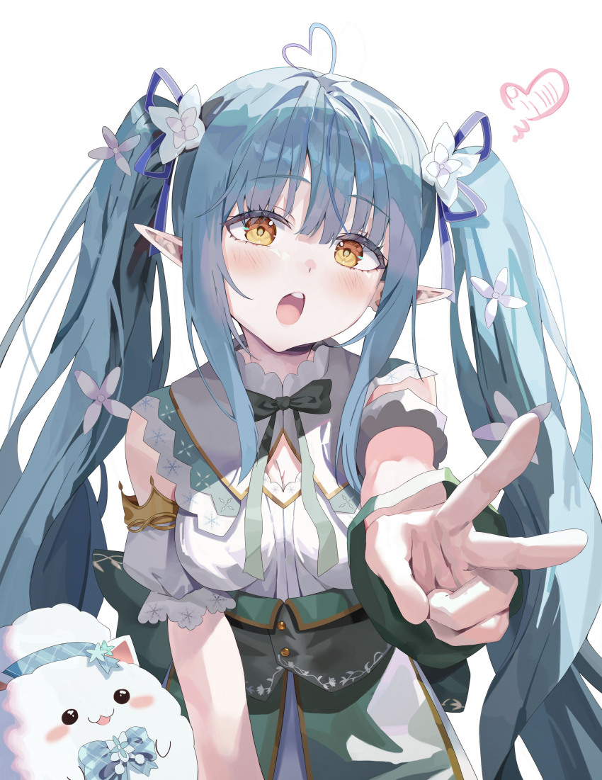 1girl absurdres ahoge blue_hair blush breasts cleavage commentary_request detached_sleeves dress flower hair_flower hair_ornament heart heart_ahoge highres hololive long_hair looking_at_viewer mahyo medium_breasts open_mouth pointy_ears reaching reaching_towards_viewer simple_background solo twintails upper_body v very_long_hair virtual_youtuber white_background white_dress yellow_eyes yukihana_lamy