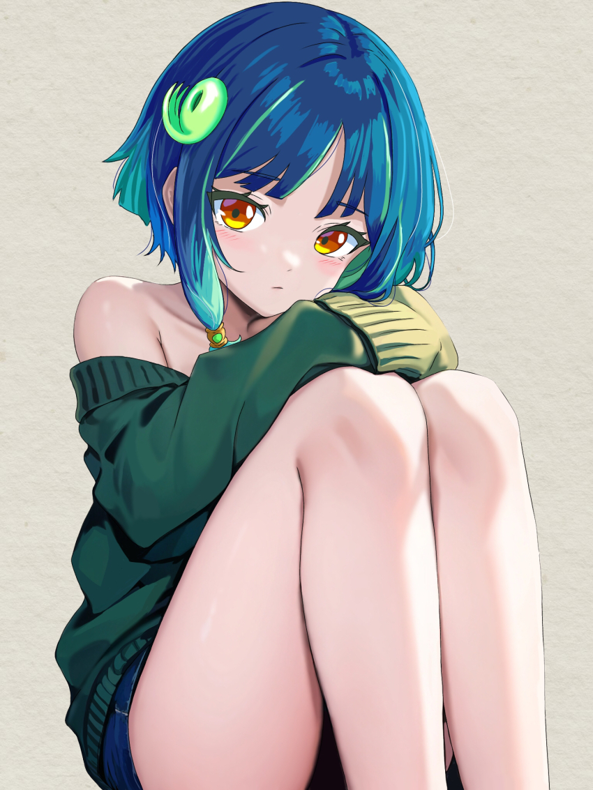 1girl bare_shoulders blue_hair blush brown_eyes character_request denim denim_shorts green_hair grey_background hair_ornament highres long_sleeves looking_at_viewer monster_strike multicolored_hair off-shoulder_sweater off_shoulder short_shorts shorts simple_background sleeves_past_fingers sleeves_past_wrists solo streaked_hair sweater zenbrush2