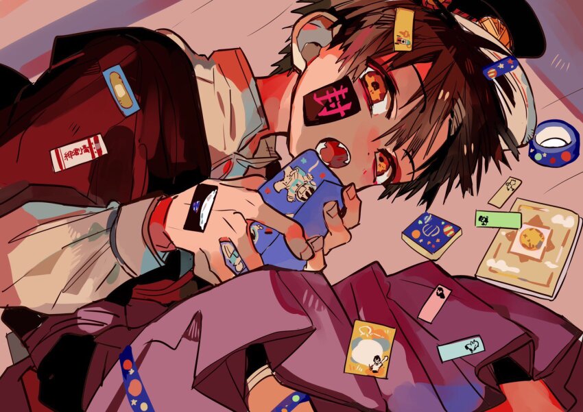 1boy :o book brown_hair collared_shirt fangs hakama half-closed_eyes hanoyuta hat holding japanese_clothes jibaku_shounen_hanako-kun knees_up layered_sleeves long_sleeves looking_at_viewer lying male_focus masking_tape official_art on_floor on_side open_mouth orange_eyes sash shirt short_over_long_sleeves short_sleeves solo two-handed yugi_tsukasa