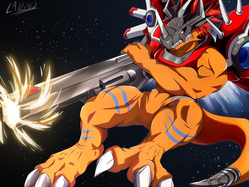 absurdres arm_cannon cyborg digimon digimon_(creature) digimon_savers dinosaur firing full_body helmet highres horns mechanical_wings no_humans red_hair rizegreymon sh1ron2 sharp_teeth short_hair solo teeth weapon wings