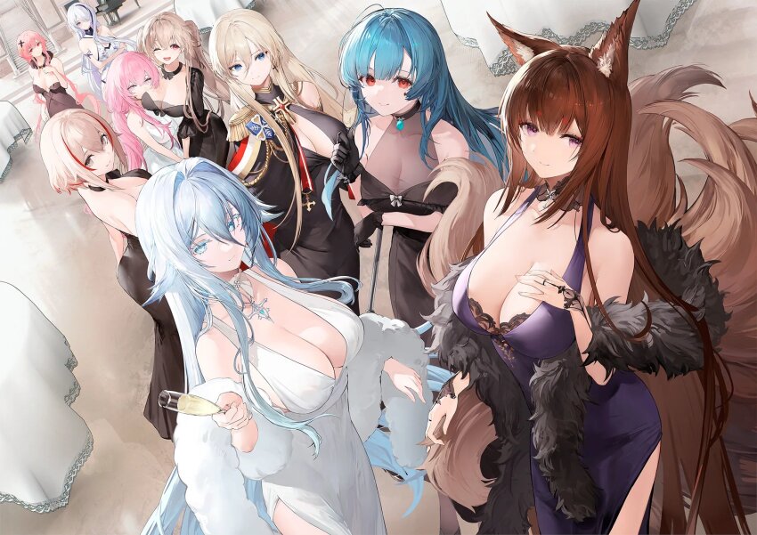 6+girls amagi_(azur_lane) amagi_(red_kite_respite)_(azur_lane) anchorage_(azur_lane) animal_ear_fluff animal_ears arm_under_breasts azur_lane bare_shoulders bismarck_(azur_lane) bismarck_(beacon_of_the_iron_blood)_(azur_lane) black_dress black_gloves blonde_hair blue_hair breasts brown_hair champagne_flute cleavage clemenceau_(azur_lane) colored_eyelashes cross cross_earrings cup dress drinking_glass earrings epaulettes facial_mark fox_ears fox_girl fox_tail gem gloves hair_intakes highres hikimayu holding holding_cup huge_breasts indoors instrument jewelry kitsune long_bangs looking_at_viewer marco_polo_(azur_lane) multicolored_hair multiple_girls official_alternate_costume official_art one_eye_closed perseus_(azur_lane) piano pink_hair purple_dress red_eyes red_hair roon_(azur_lane) roon_(dark_red_grin)_(azur_lane) single_epaulette sovetsky_soyuz_(azur_lane) streaked_hair table tail third-party_source unzen_(azur_lane) white_dress white_hair