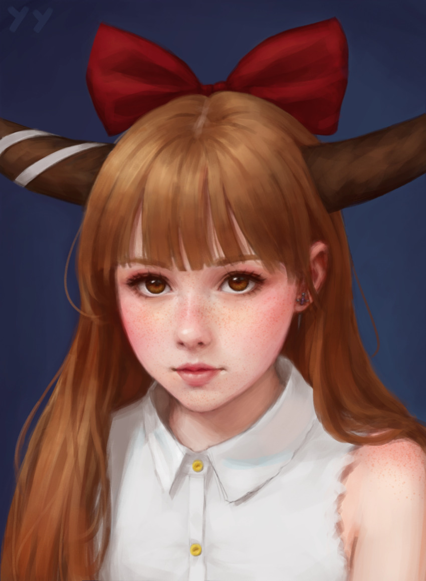 1girl bare_shoulders blue_background blush body_freckles bow brown_eyes dress_shirt earrings expressionless eyelashes freckles gradient_background hair_behind_ear hair_bow hair_over_shoulder highres horn_ornament horn_ribbon horns ibuki_suika jewelry lips long_hair looking_at_viewer makeup nose orange_hair portrait realistic red_bow ribbon self-upload shirt simple_background solo sword_earrings torn_clothes torn_sleeves touhou upper_body white_ribbon white_shirt wing_collar yyf_(seaknight)