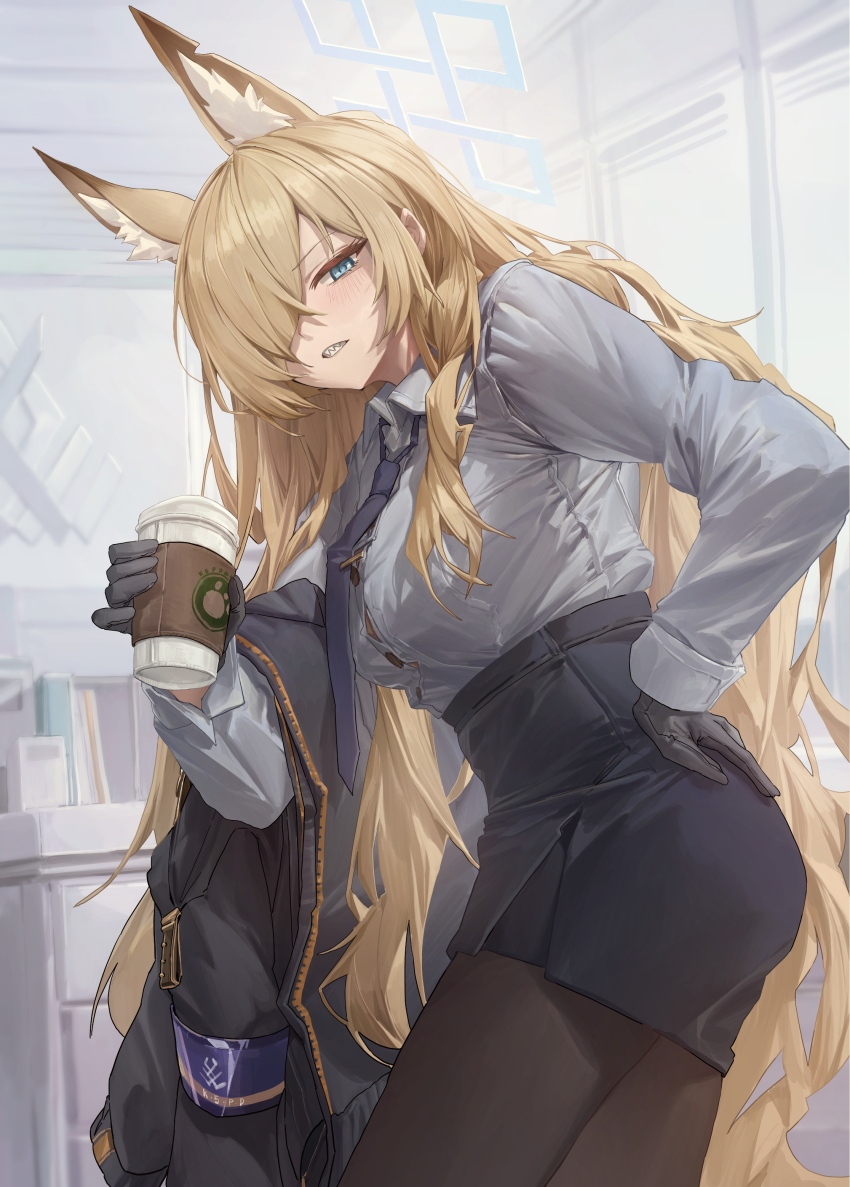 1girl absurdres animal_ear_fluff animal_ears asymmetrical_bangs black_gloves black_pantyhose black_skirt blonde_hair blue_archive blue_jacket blue_necktie breasts button_gap commentary cup dainillust disposable_cup gloves grey_shirt hair_over_one_eye halo hand_on_own_hip highres holding holding_cup indoors jacket kanna_(blue_archive) long_hair looking_at_viewer looking_to_the_side medium_breasts necktie one_eye_covered pantyhose sharp_teeth shirt skirt solo teeth unworn_jacket very_long_hair