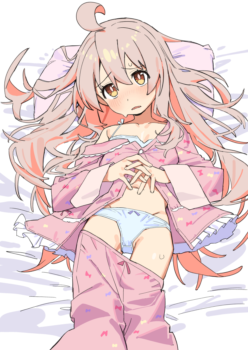 1girl absurdres ahoge bed blonde_hair blush bra bright_pupils clothes_pull colored_inner_hair commentary dot_nose hands_on_own_stomach haruyuki_(gffewuoutgblubh) head_on_pillow highres long_hair long_sleeves looking_at_viewer lying multicolored_hair navel on_back on_bed onii-chan_wa_oshimai! orange_eyes oyama_mahiro pajamas panties pants pants_pull pink_hair pink_pajamas solo sweat underwear white_bra white_panties worried