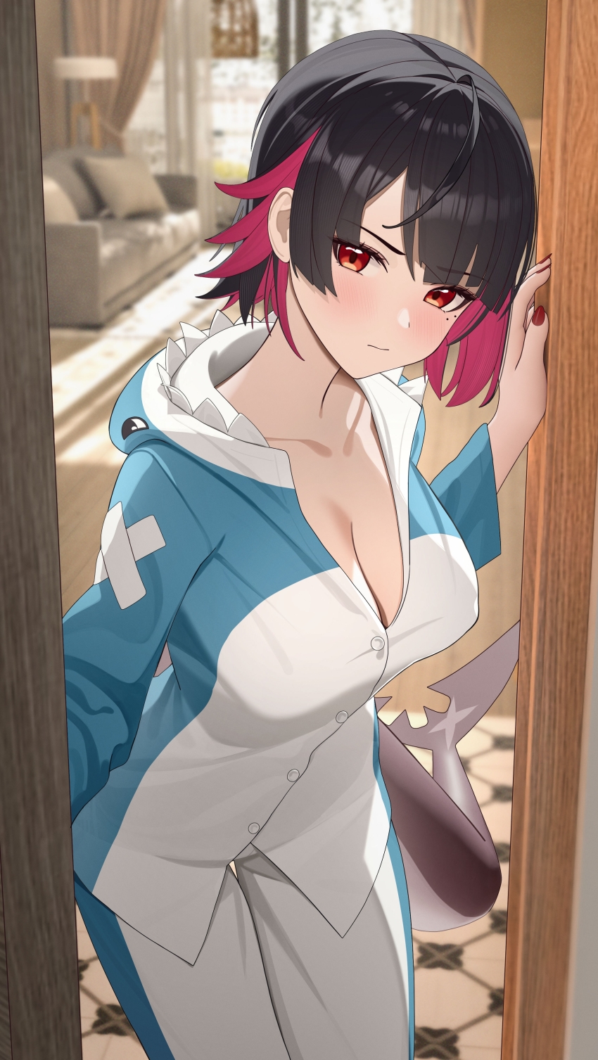 1girl absurdres animal_hood black_hair blurry blurry_background breasts cleavage colored_inner_hair doorway ellen_joe fins fish_tail highres hood indoors jumonji large_breasts looking_at_viewer mole mole_under_eye multicolored_hair pajamas pov_doorway red_eyes red_hair red_nails shark_girl shark_hood shark_tail short_hair solo tail zenless_zone_zero