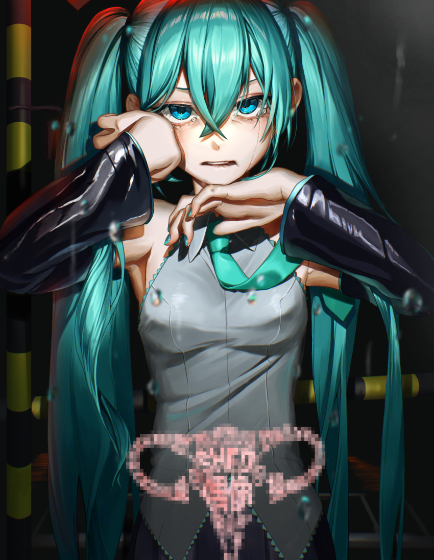 1girl absurdres aqua_eyes aqua_hair aqua_nails aqua_necktie biting_own_lip black_skirt black_sleeves collared_shirt commentary_request crossed_bangs detached_sleeves dripping_eye grey_shirt hair_between_eyes hand_up hatsune_miku highres long_hair long_sleeves looking_at_viewer necktie night outdoors pleated_skirt railroad_crossing rearea_7777 shirt skirt sleeveless sleeveless_shirt solo spotlight standing straight-on tearing_up twintails uminaoshi_(vocaloid) upper_body uterus very_long_hair vocaloid water_drop