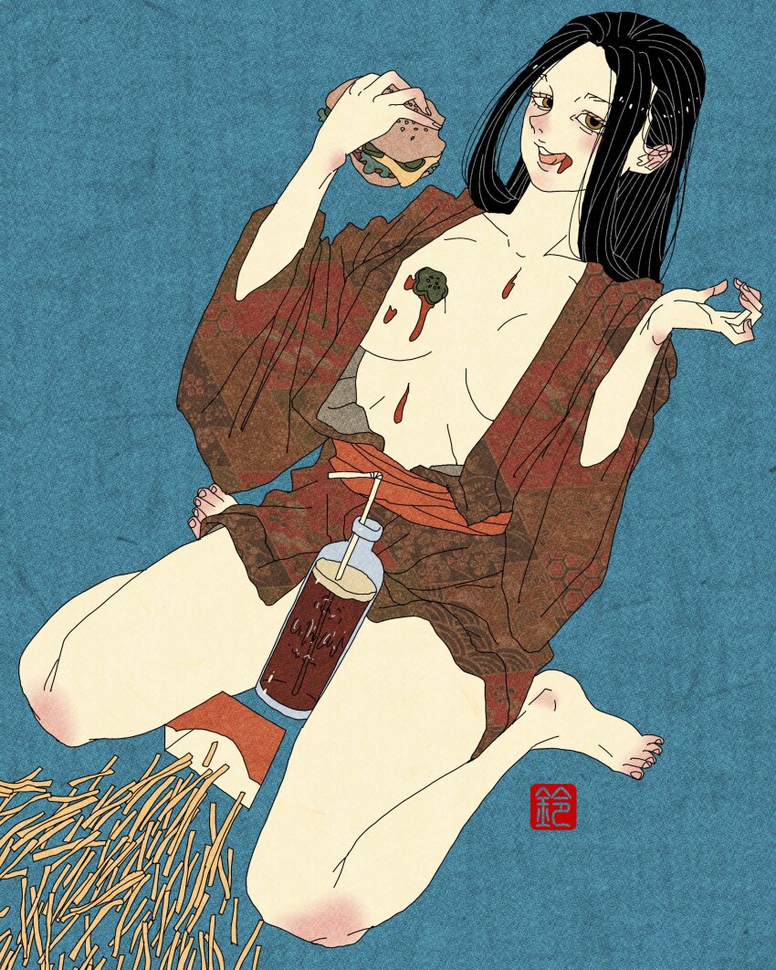 1girl absurdres black_hair breasts brown_eyes brown_kimono burger cleavage cola collarbone eating fine_art_parody food french_fries full_body glass_bottle hands_up highres holding_burger holding_food inkan japanese_clothes kimono large_breasts licking_lips long_hair long_sleeves looking_at_viewer nihonga original parody sei5osuzuki short_kimono sitting straw teal_background tongue tongue_out yokozuwari