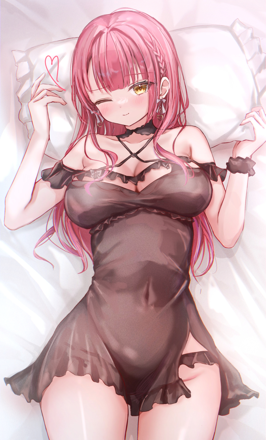 1girl ;) absurdres bed_sheet black_nightgown braid breasts cleavage covered_navel dress earrings gold_earrings hair_behind_ear heart heart_earrings highres hololive houshou_marine houshou_marine_(8th_costume) jewelry large_breasts looking_at_viewer loungewear lying nightgown official_alternate_costume on_back one_eye_closed open_mouth pillow red_hair short_hair side_braid sleeveless sleeveless_dress smile solo teruteruteru190 virtual_youtuber yellow_eyes