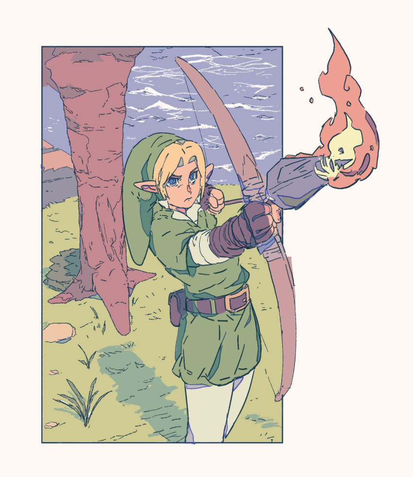 1boy arrow_(projectile) belt belt_pouch blonde_hair blue_eyes bow_(weapon) day drawing_bow fire flaming_arrow grass green_hat green_tunic hat highres holding holding_bow_(weapon) holding_weapon link michel_teru nintendo outdoors pantyhose pouch shadow solo standing the_legend_of_zelda the_legend_of_zelda:_ocarina_of_time tree tunic water weapon white_pantyhose