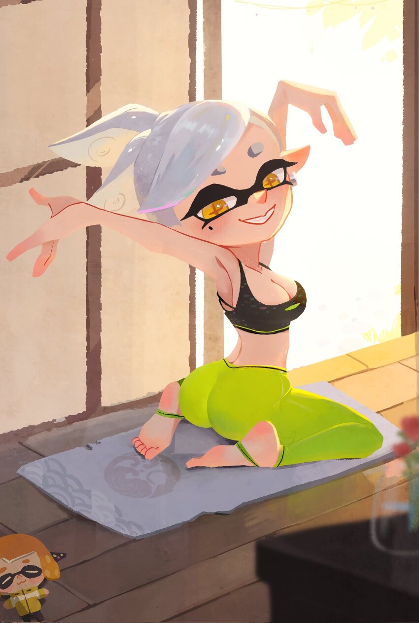 1girl agent_4_(splatoon) arms_up ass blush breasts cleavage full_body grey_hair grin indoors large_breasts looking_at_viewer looking_back marie_(splatoon) mole mole_under_eye nintendo pants sitting smile solo splatoon_(series) stirrup_legwear stuffed_toy tank_top tentacle_hair toeless_legwear twisted_torso wariza wooden_floor yellow_eyes yoga yoga_mat yoga_pants zhang_tian57284