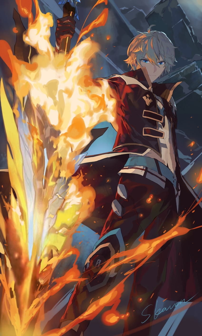 1boy absurdres black_coat black_pants blue_eyes chinese_commentary cleavage_cutout closed_mouth clothing_cutout coat commentary_request feet_out_of_frame fire flaming_sword flaming_weapon highres holding holding_sword holding_weapon honkai_(series) honkai_impact_3rd kevin_kaslana looking_at_viewer male_focus open_clothes open_coat pants planted planted_sword planted_weapon shirt short_hair signature skavenprime solo standing sword v-shaped_eyebrows weapon white_hair white_shirt