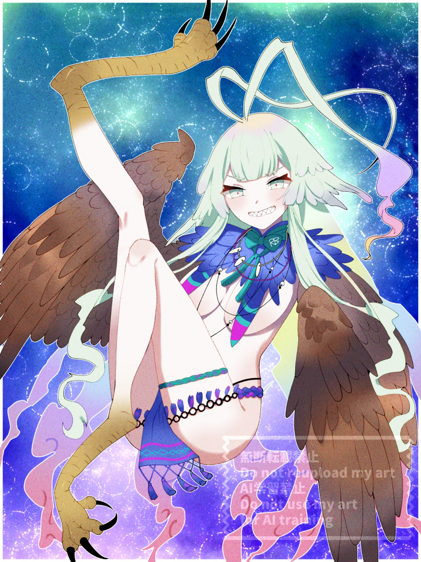 1girl ahoge bird_legs blush breasts brown_feathers brown_wings commentary_request fate/grand_order fate_(series) feathered_wings feathers harpy highres huge_ahoge jewelry large_breasts long_hair looking_at_viewer louhi_(fate) louhi_(third_ascension)_(fate) monster_girl necklace pink_pupils rabaa sharp_teeth sidelocks smile solo talons teeth tooth_necklace very_long_hair white_eyes winged_arms wings