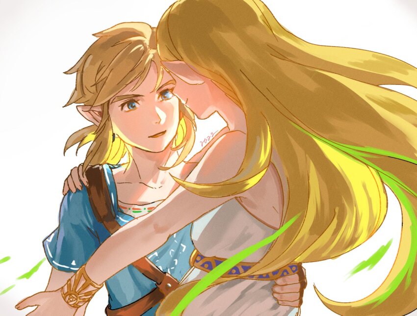 1boy 1girl bare_shoulders belt blonde_hair blue_eyes blue_tunic bracelet brown_belt champion&#039;s_tunic_(zelda) closed_mouth collarbone dress hand_on_another&#039;s_shoulder hand_on_another&#039;s_waist hetero jewelry link long_hair looking_at_another mihama66 nintendo parted_lips pointy_ears princess_zelda short_hair short_ponytail shoulder_belt sidelocks simple_background smile straight_hair strapless strapless_dress the_legend_of_zelda the_legend_of_zelda:_breath_of_the_wild tunic upper_body white_background white_dress