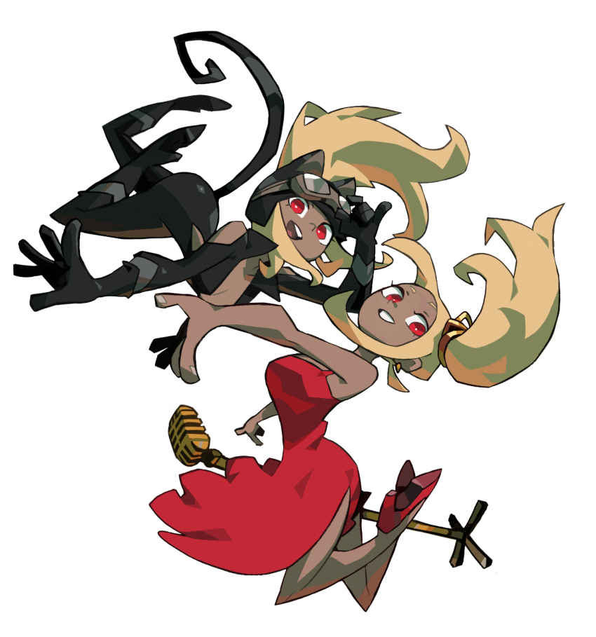 2girls alternate_costume blonde_hair catsuit dark-skinned_female dark_skin dual_persona gravity_daze gravity_daze_2 highres kitten_(gravity_daze) microphone microphone_stand multiple_girls niking red_eyes side_ponytail simple_background white_background